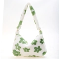 Borsa a spalla in peluche bianca con motivi floreali verdi e anelli dorati - Fiore verde