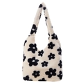 Sac fourre-tout en peluche à fleurs noir et blanc avec texture douce pour l'automne - Petite Fleur Blanche