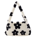 Schicke schwarz-weiße Kunstpelz-Schultertasche mit Blumenmuster für Wintermode - Weiß