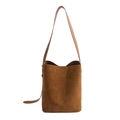 Minimalist brown suede bucket shoulder bag with elegant cylindrical design for women - Brown