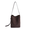 Minimalist dark brown suede bucket bag with slender shoulder strap and drawstring details - Brown