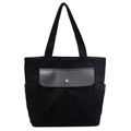 Borsa tote retrò in velluto a coste nero con tasca frontale in pelle e ampi spallacci - Nero