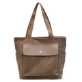 Borsa tote vintage in velluto a coste marrone con tasca frontale e bottone argento - Cachi