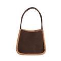 Brown faux suede tote bag with faux shearling fleece trim and minimalist shoulder straps - Caramel
