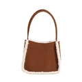 Brown faux suede tote bag with white faux fur trim and adjustable shoulder strap - Brown