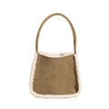 Brown faux suede shoulder bag with white fleece trim and slim leather handle - Green