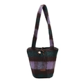 Retro gebreide shopper met paars en groen ruitpatroon en lederen trekkoord sluiting - Paars