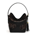 Vintage crossbody bucket bag in black leather with leopard print and tassel detail - Black