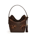 Vintage brown leather bucket bag with leopard print lining and stylish tassel detail - Brown