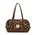 Borsa a mano leopardata in peluche con dettagli in pelle marrone ed etichetta logo - Marrone