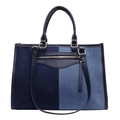 Bolso tote minimalista de mezclilla bicolor con ribete de cuero y cremallera dorada - Azul oscuro