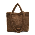 Brown fuzzy plush tote bag with twin handles and long shoulder strap for women - Brown