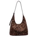 Retro leopard print tote bag with brown leather shoulder straps on a clean white background - Brown