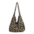 Fuzzy leopard print fleece hobo bag with large capacity and stylish vintage design - Khaki