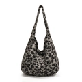 Fuzzy leopard print tote bag in grey and black fleece with large capacity for autumn - Black