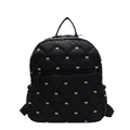 Zaino trapuntato nero con ricami di fiocchi bianchi e tasche multiple dal design essenziale - Nero