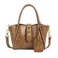 Brown vintage faux leather tote bag with gold metal lock and adjustable shoulder strap - Khaki