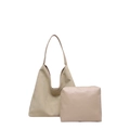 Minimalist beige tote bag set with matching zippered clutch in matte faux leather - Khaki