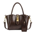 Minimalist dark brown oiled leather tote bag with elegant golden turn-lock closure - Brown
