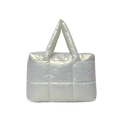 Fashionable white quilted nylon puffer tote bag with glossy finish and soft handles - White