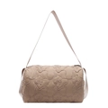 Beige cylindrical shoulder bag featuring 3D floral quilting and wide nylon strap - Khaki