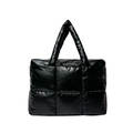 Chic black quilted nylon tote bag with puffer padding and large square stitching - Black