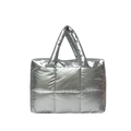 Silver quilted puffer tote bag with metallic finish and soft padded square texture - Silver