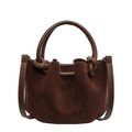 Vintage dunkelbraune Wildleder-Eimertasche mit Knotengriff und Schultergurt - Braun