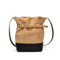 Minimalist frosted leather bucket bag with contrast stitching and metal belt buckle - Khaki
