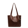 Dark brown faux leather tote bag with vertical stitching and golden abacus charm - Brown