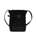 Fashionable black matte and smooth leather bucket bag with decorative belt buckle detail - Black