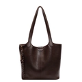 Minimalist deep brown faux leather tote bag with woven charm and long shoulder strap - Coffee