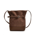 Minimalist dark brown frosted leather bucket bag with silver buckle and crossbody strap - Brown