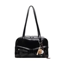 Glänzende schwarze PU-Lederhandtasche mit langen Henkeln und Baseball-Anhängern - Schwarz