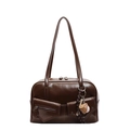 Dunkelbraune glänzende PU-Leder-Handtasche mit Baseball-Anhänger und modischen Außentaschen - Braun