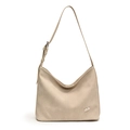 Minimalistische beige große Tragetasche aus weichem Leder mit verstellbarem Gurt und Logo - Cremeweiß