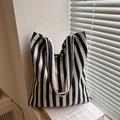 Retro minimalist large capacity striped canvas tote bag with navy and white patterns - Blue