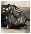 Bolso tote grande negro en cuero encerado vintage con cremalleras dobles y correa - Negro