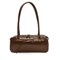 Deep brown glossy patent leather baguette shoulder bag with silver buckle and sleek straps - Brown