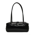 Minimalist black glossy leather baguette shoulder bag with silver buckle and double straps - Black