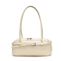Chic cream white PU leather baguette bag with slender handles and buckle detail - White