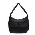 Minimalist black puffer shoulder bag with dual front pockets and wide strap on white background - Black