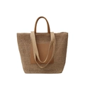 Large summer straw woven tote bag with brown leather handles and hollow texture for beach commute - Khaki