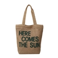 Handmade woven beach tote bag with Here Comes The Sun green embroidery detail - Khaki