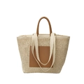 Large beige woven straw tote bag with brown leather pocket and dual shoulder straps - Off White