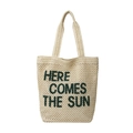 Handwoven beige cotton tote bag with Here Comes The Sun embroidery and long shoulder straps - Off White