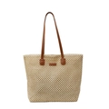 Stroh-Stofftasche in Beige mit Mesh-Muster und braunen Ledergriffen für den Strand - Weiß