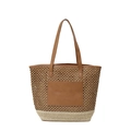 Stro geweven tote tas met contrasterende basis en leren voorvak voor strand of zomergebruik - Khaki