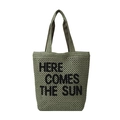 Green knit tote bag featuring Here Comes The Sun embroidery on a white background - Green
