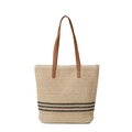 Sac fourre-tout en paille avec rayures noires et anses en cuir marron pour la plage d'été - Beige Style 1